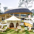 Scenic Campsite With Canvas Tent Vintage Van Outdoor Tables Chairs Green Grass And Trees
