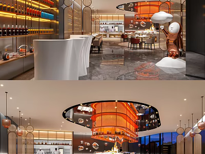 Modern Style Restaurant With Wine Racks Bar Counter Dining Tables Pendant Lights And Decorative Sculpture 3d model