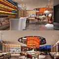 Modern Style Restaurant With Wine Racks Bar Counter Dining Tables Pendant Lights And Decorative Sculpture