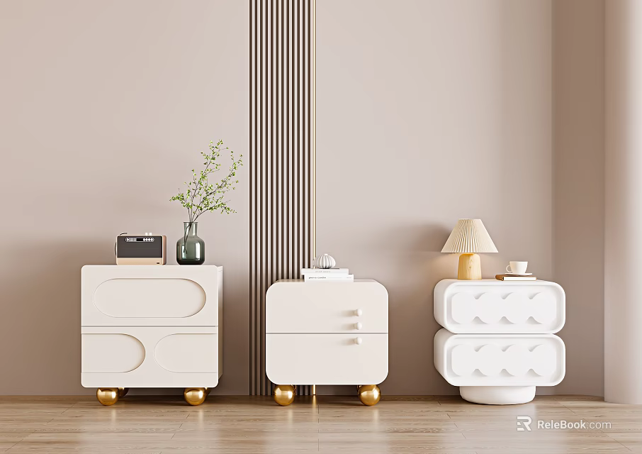 Modern White Nightstands With Gold Legs Decorative Vase Lamp And Photo Frame 3d model 