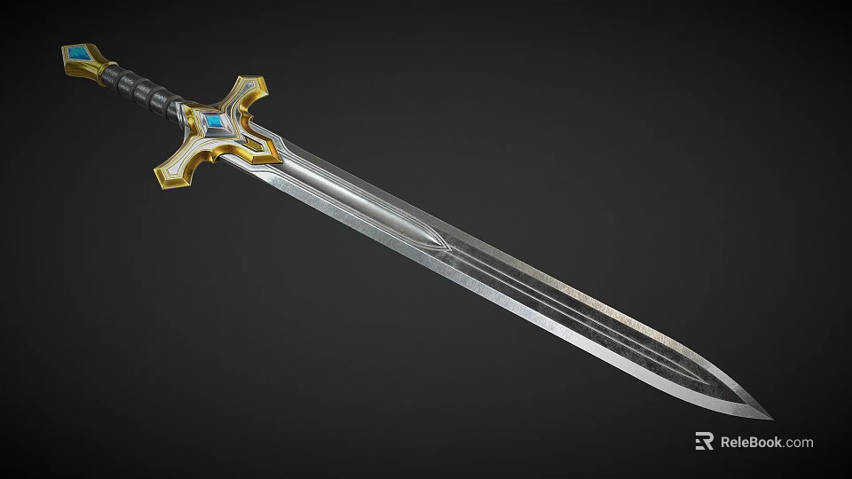 Decorative Mythical Sword With Golden Crossguard Blue Gemstone And Shiny Silver Blade 3d model 