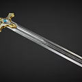 Decorative Mythical Sword With Golden Crossguard Blue Gemstone And Shiny Silver Blade