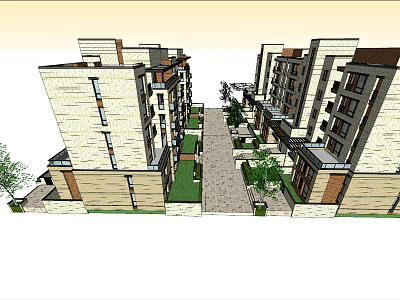 Modern Residential Building Complex With Twin Structures And Central Green Pathway 3d model
