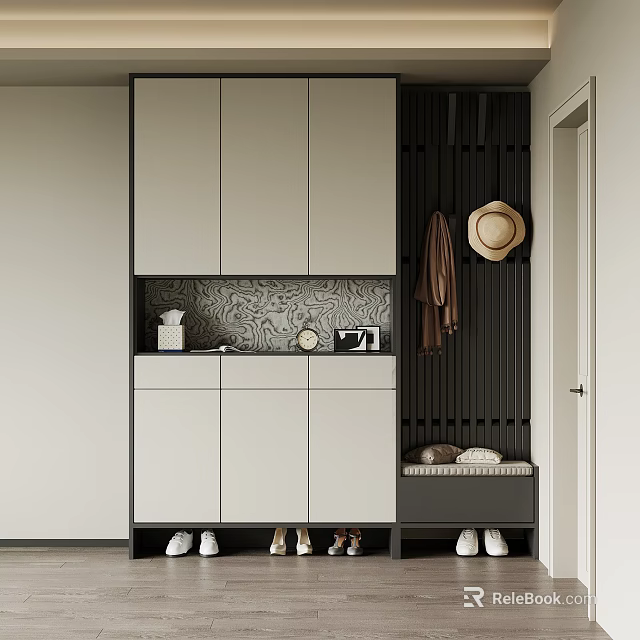 Modern Gray Black Shoe Cabinet With Coat Rack Bench Hat Clock And Photo Frame 3d model 