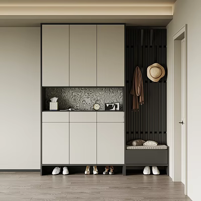Modern Gray Black Shoe Cabinet With Coat Rack Bench Hat Clock And Photo Frame 3d model
