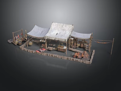Medieval Market Stall Setup With Canvas Tents Wooden Poles Clay Pots Tools And Display Items 3d model