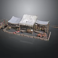 Medieval Market Stall Setup With Canvas Tents Wooden Poles Clay Pots Tools And Display Items