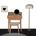 Wooden Dressing Table with Round Mirror and Drawer Matching Stool Decorative Painting and Floor Lamp
