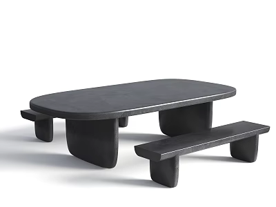 Black Oval Outdoor Table with Matching Concrete Benches Modern Minimalist Design 3d model