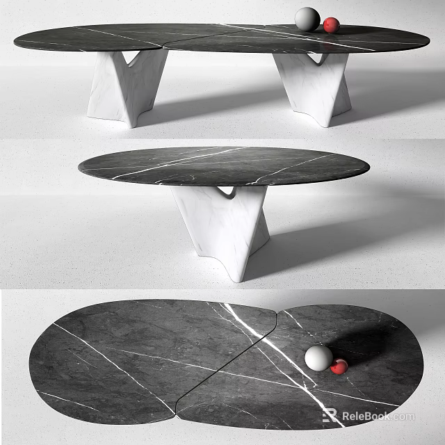 Modern Round Black Veined Marble Dining Table With White Geometric Legs And Sleek Design 3d model 