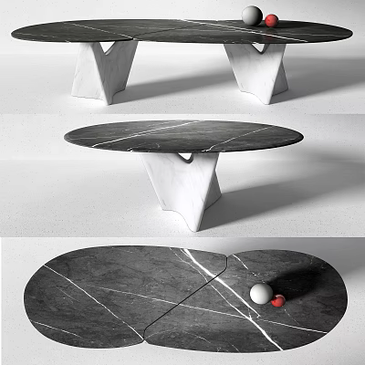 Modern Round Black Veined Marble Dining Table With White Geometric Legs And Sleek Design 3d model