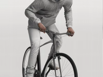Man In Gray Hoodie And White Pants Riding A Bicycle 3d model