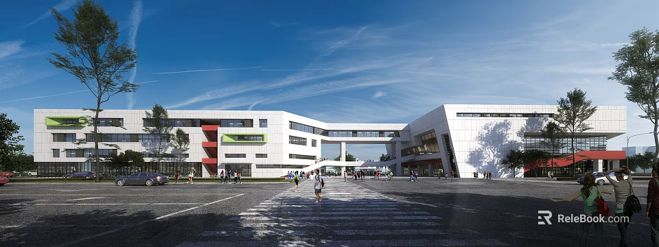 Modern School Building Exterior With Connecting Bridge And Students Walking Under Blue Sky 3d model 
