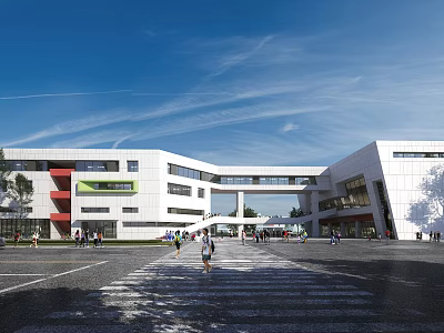 Modern School Building Exterior With Connecting Bridge And Students Walking Under Blue Sky 3d model
