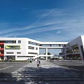 Modern School Building Exterior With Connecting Bridge And Students Walking Under Blue Sky