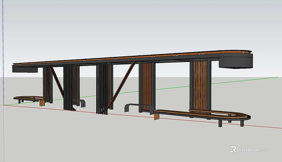 Modern Wooden Pergola Structure With Metal Beams Columns And Benches 3d model 