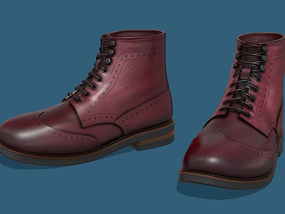 Burgundy Leather Brogue Boots With Intricate Lace Up Design And Classic Style 3d model