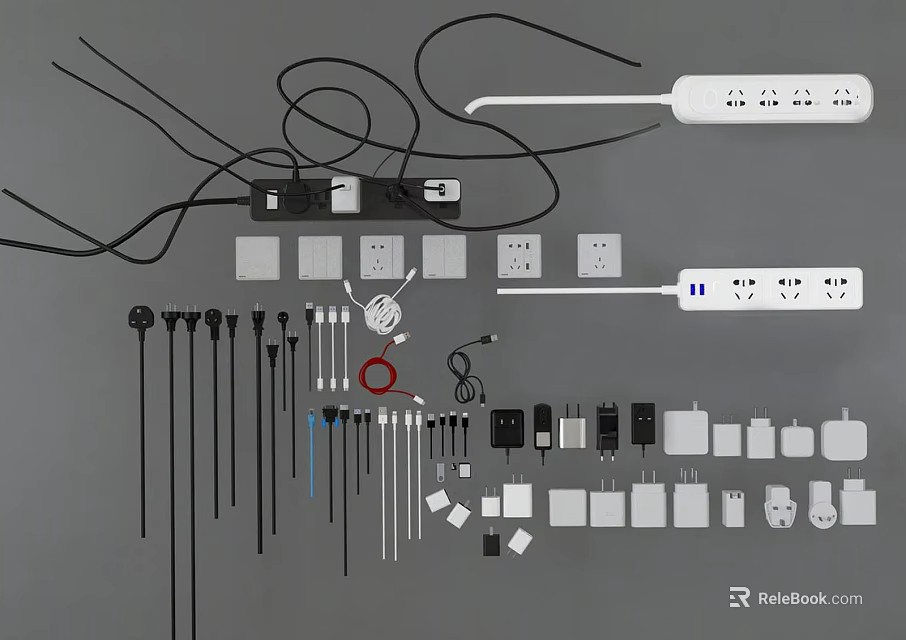 Assorted Switch Panel Accessories with Plugs Cables Power Strips and Connectors 3d model 
