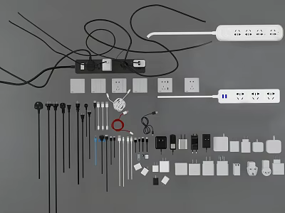 Assorted Switch Panel Accessories with Plugs Cables Power Strips and Connectors 3d model