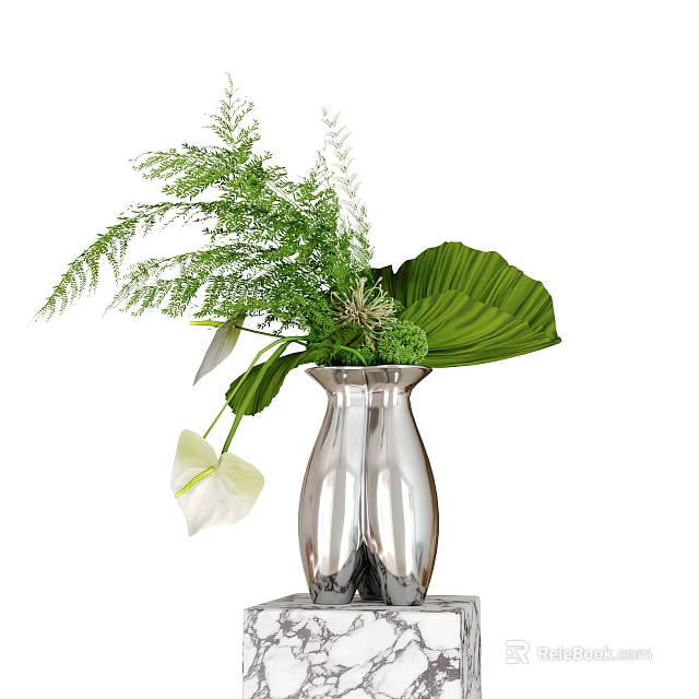 Decorative Ornament Set with Silver Vase Green Plants Large Leaves and White Flowers 3d model 