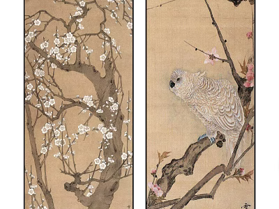 Botanical Paintings Featuring Plum Branches White Pink Flowers and Perched Bird 3d model
