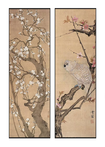 Botanical Paintings Featuring Plum Branches White Pink Flowers and Perched Bird 3d model