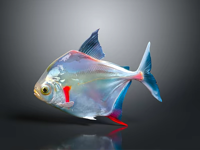 Transparent Fish with Blue Fins Red Accents and Shiny Body on Gray Background 3d model