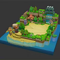 3D Pixel Style Castle Building With Green Trees Water Sand Beach And Characters