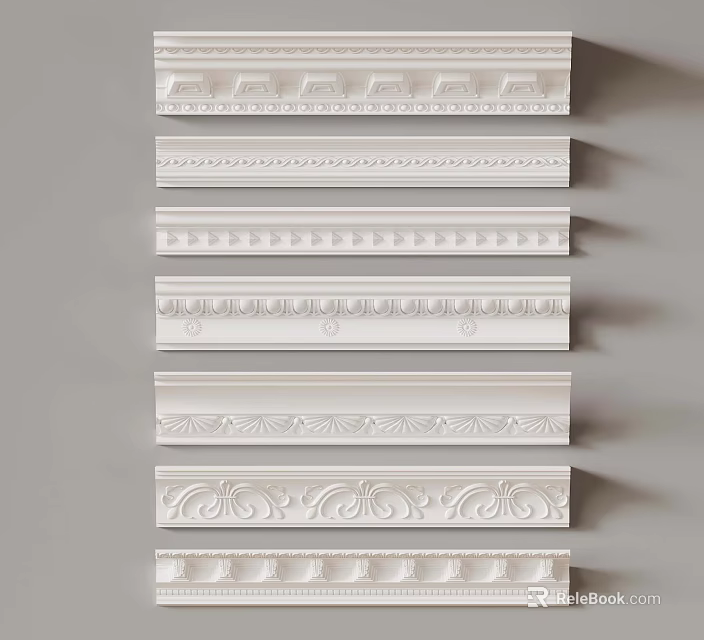 White Decorative Moldings With Various Patterns In Vertical Arrangement On Grey Background 3d model