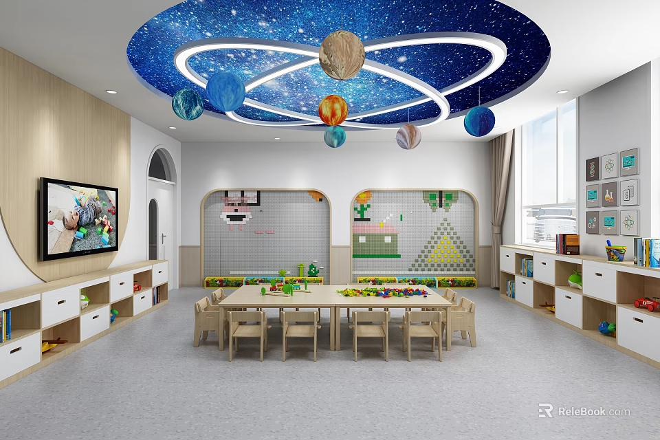 School Classroom Featuring Starry Sky Ceiling Planet Decorations Long Table Chairs TV and Storage Cabinets 3d model 