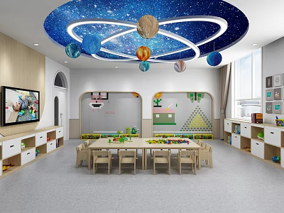 School Classroom Featuring Starry Sky Ceiling Planet Decorations Long Table Chairs TV and Storage Cabinets 3d model
