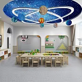 School Classroom Featuring Starry Sky Ceiling Planet Decorations Long Table Chairs TV and Storage Cabinets