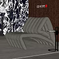 Modern Gray Leather Lounge Chair With Striped Design On Rug And Abstract Wall