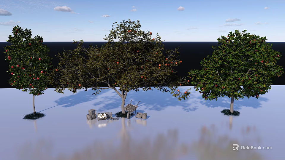 Garden Landscape With Fruit Trees Stone Decorations And Reflective Water Surface 3d model 