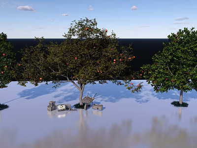 Garden Landscape With Fruit Trees Stone Decorations And Reflective Water Surface 3d model