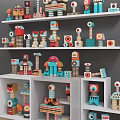 Colorful Building Blocks Robot Figures On Shelves With Various Creative Designs