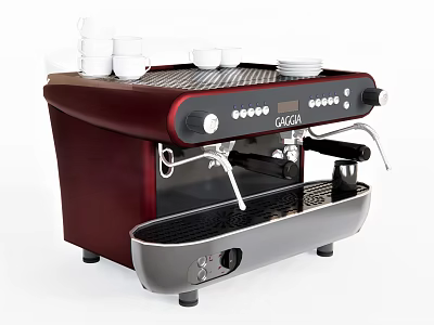 GAGGIA Maroon And Black Coffee Machine With White Cups And Plates As Kitchen Appliance 3d model