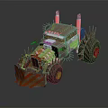 Custom Built Spiked Metal Vehicle With Large Off Road Tires Exhaust Pipes And Orange Stripes