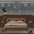Wooden Kids Bed With Checkered Bedspread Cartoon Patterns Cloud Moon Star Wallpaper And Hanging Decorations