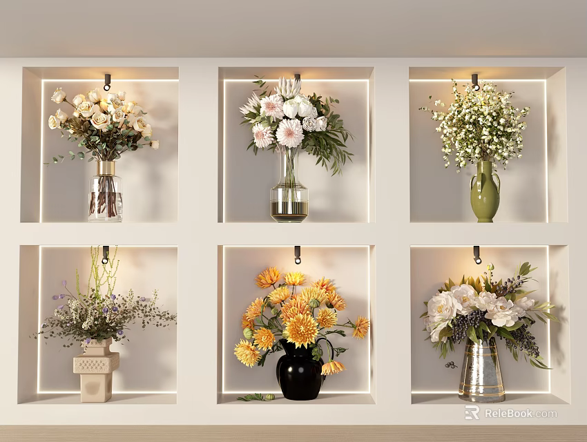 Six Compartments White Display Shelves With Various Vases And Assorted Flowers 3d model 