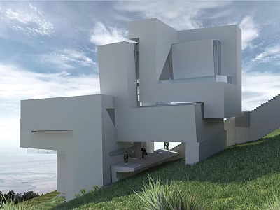 Modern Geometric White Vacation Home Building On Hillside With Ocean View And Open Terrace 3d model