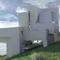 Modern Geometric White Vacation Home Building On Hillside With Ocean View And Open Terrace
