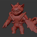 Futuristic Mechanical Cat Character With Red Eyes Blue Green Armor Holding Weapon