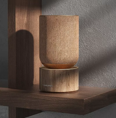 Cylindrical Fabric Covered Speaker On Wooden Base With Grey Wall And Wooden Structure Background 3d model