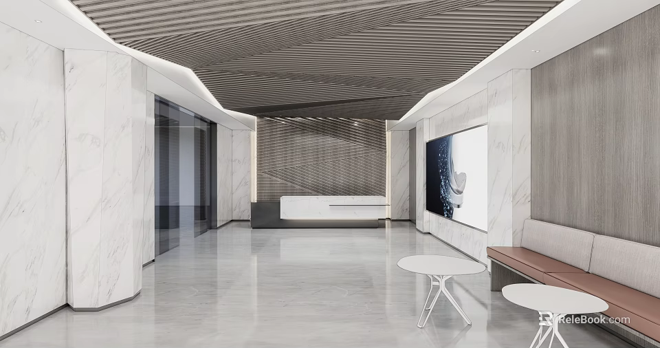 Modern Reception Area Design With Marble Walls Reception Desk And Sofa Seating 3d model 