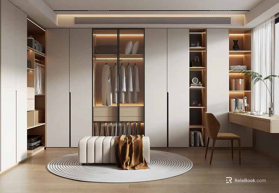 Modern Walk In Closet Design With Built In Storage Glass Doors And Ottoman 3d model 