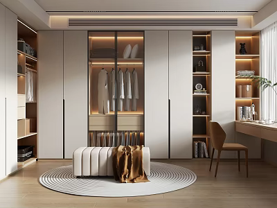 Modern Walk In Closet Design With Built In Storage Glass Doors And Ottoman 3d model