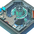 Advanced Research Laboratory With Central Circular Reactor Control Panels and Computer Stations