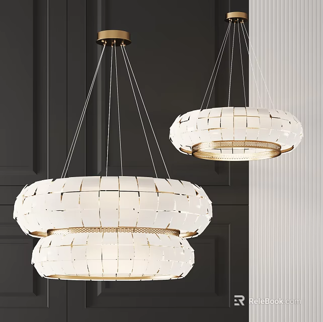 Modern White Grid Design Chandeliers With Metal Frame Hanging Over Dark Vertical Stripe Wall 3d model 
