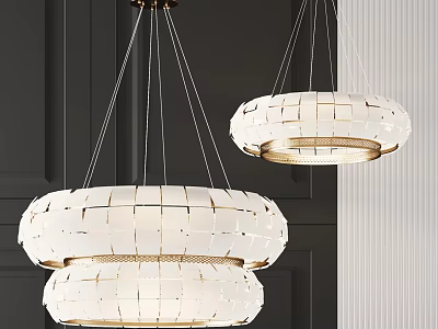 Modern White Grid Design Chandeliers With Metal Frame Hanging Over Dark Vertical Stripe Wall 3d model